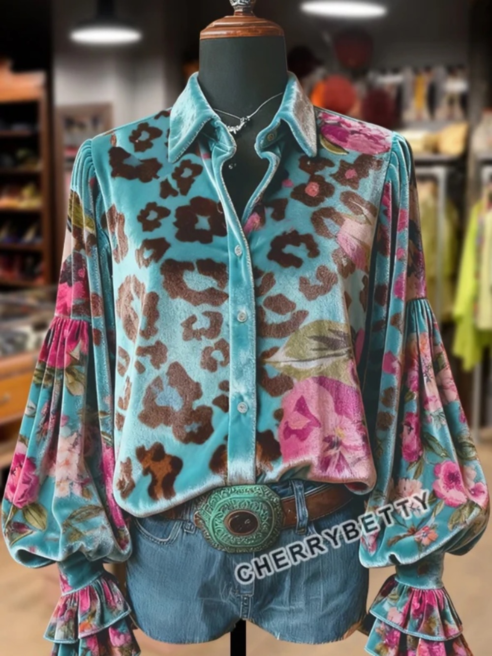 NWOT CHERRY BETTY Leopard Floral Print Button Up Velvet Top